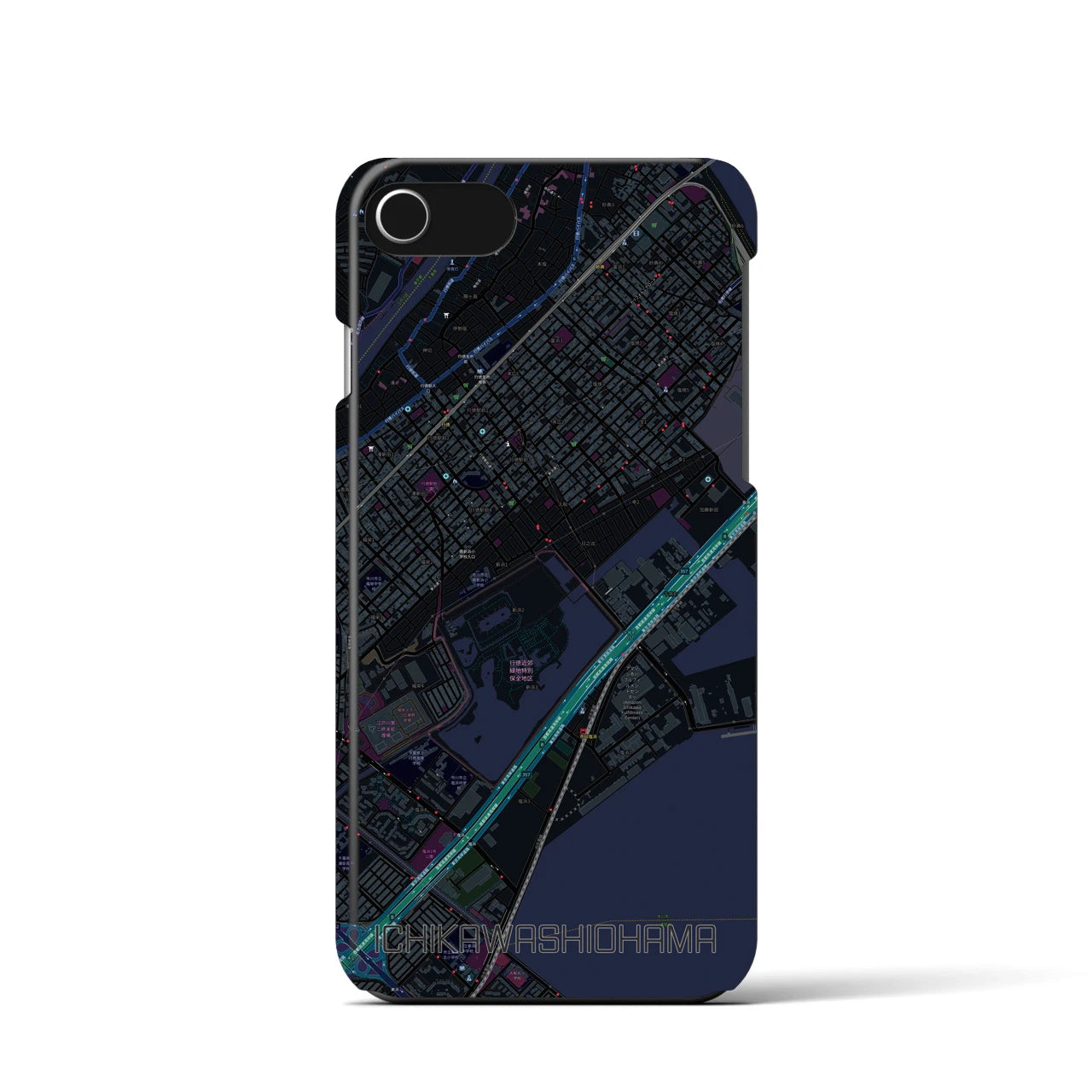 【市川塩浜】地図柄iPhoneケース（バックカバータイプ・ブラック）iPhone SE（第3 / 第2世代） / 8 / 7 / 6s / 6 用