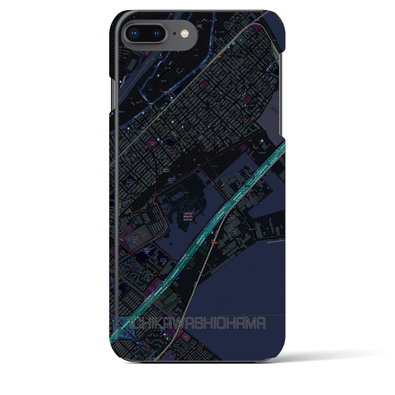 【市川塩浜】地図柄iPhoneケース（バックカバータイプ・ブラック）iPhone 8Plus /7Plus / 6sPlus / 6Plus 用