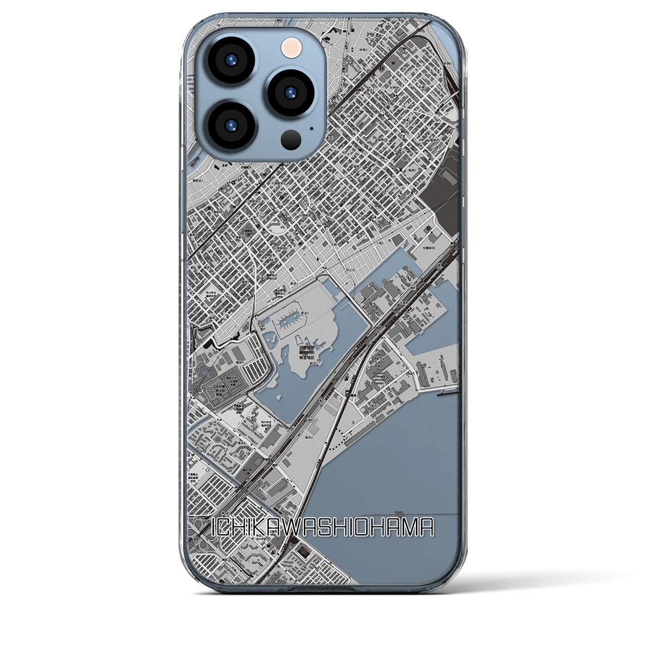 【市川塩浜】地図柄iPhoneケース（クリアタイプ・モノトーン）iPhone 13 Pro Max 用