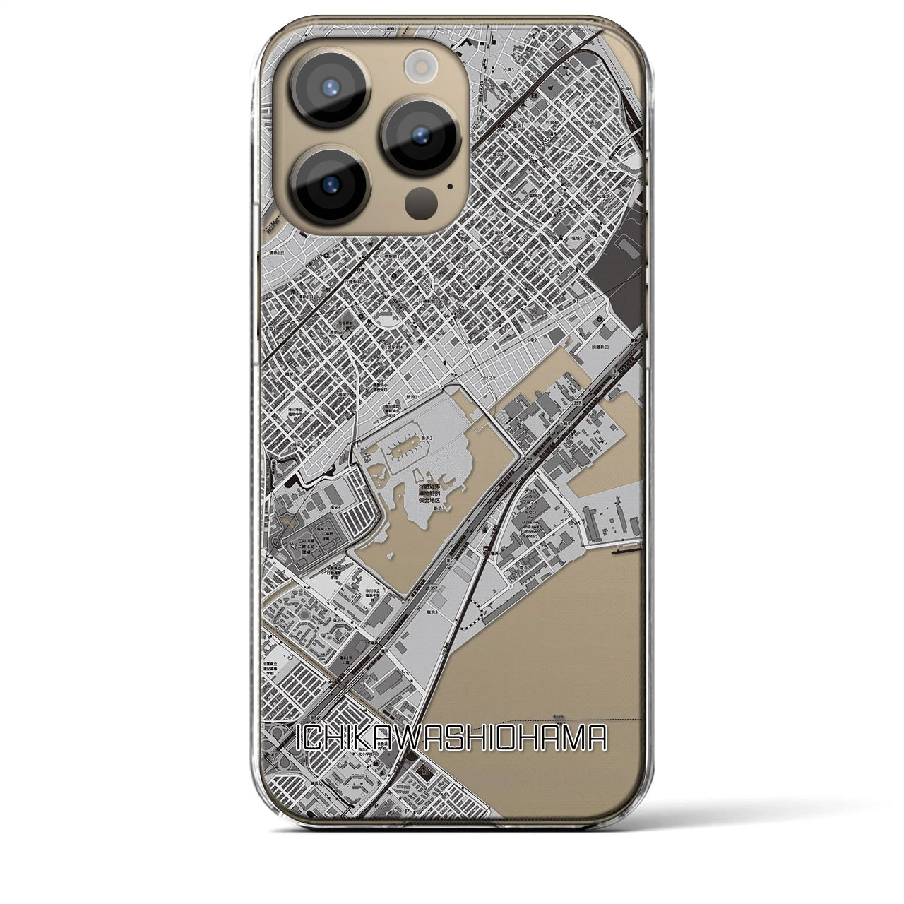 【市川塩浜】地図柄iPhoneケース（クリアタイプ・モノトーン）iPhone 14 Pro Max 用