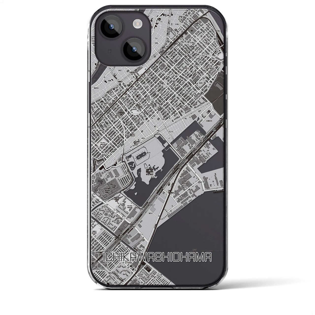 【市川塩浜】地図柄iPhoneケース（クリアタイプ・モノトーン）iPhone 14 Plus 用
