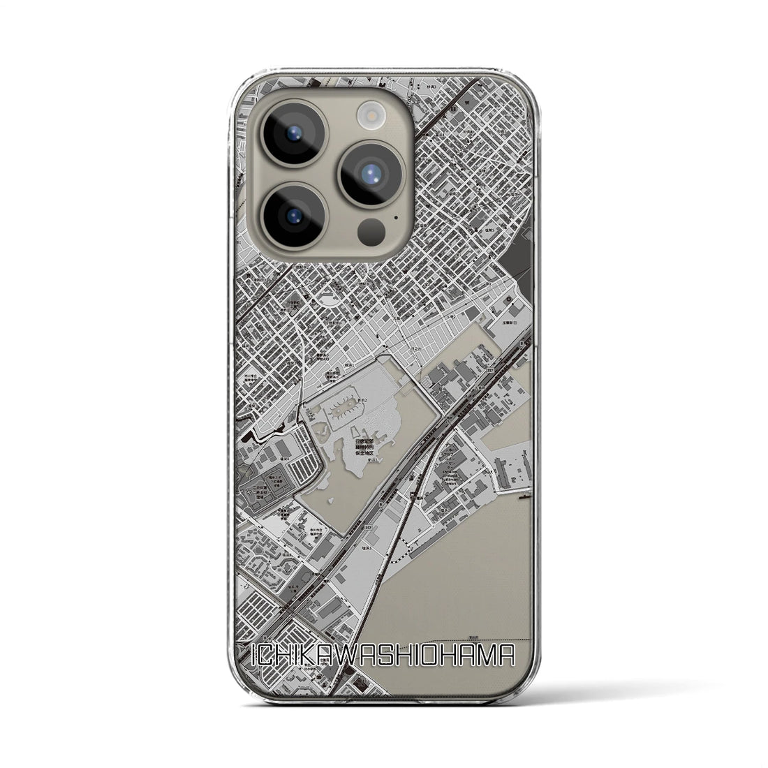 【市川塩浜】地図柄iPhoneケース（クリアタイプ・モノトーン）iPhone 15 Pro 用