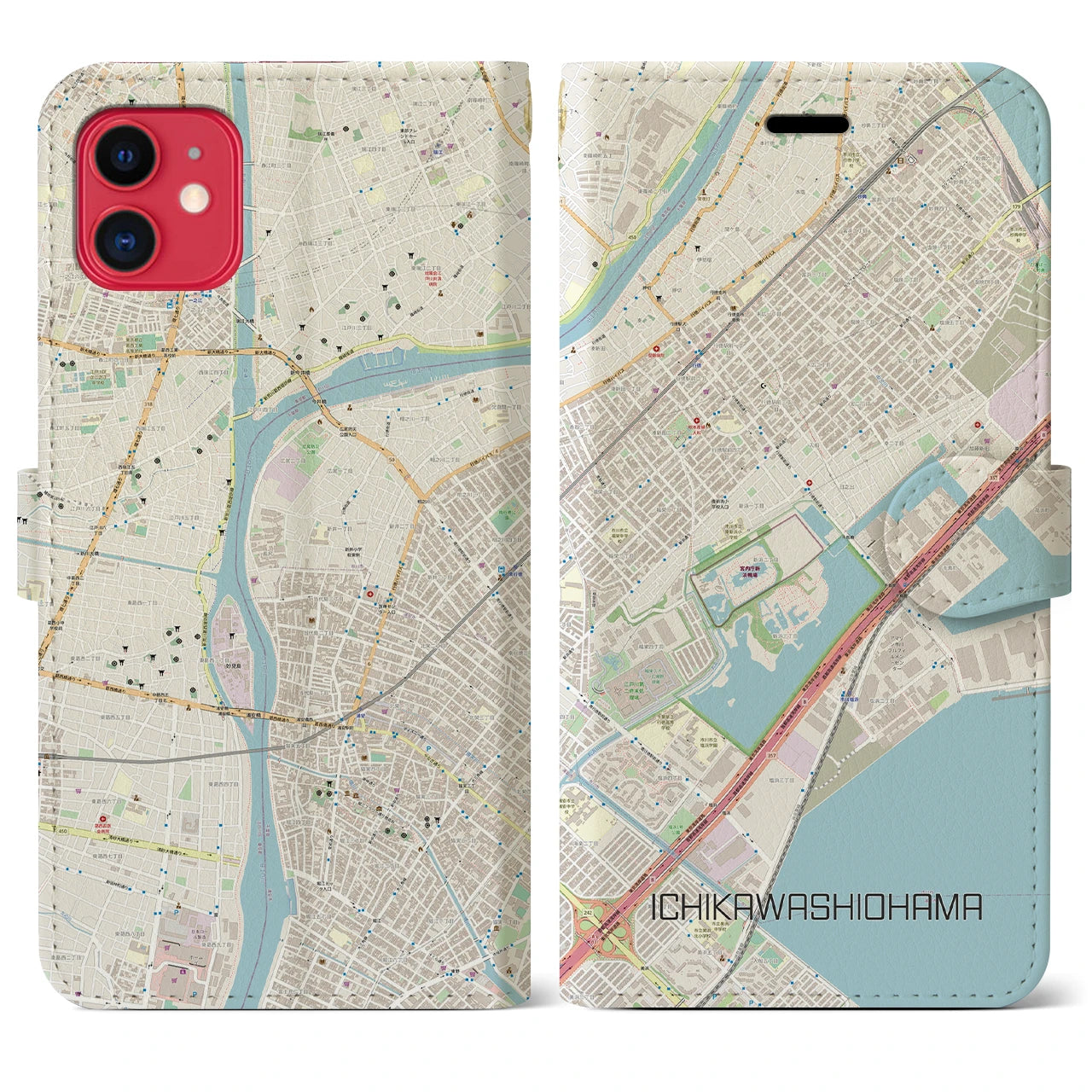 【市川塩浜】地図柄iPhoneケース（手帳両面タイプ・ナチュラル）iPhone 11 用