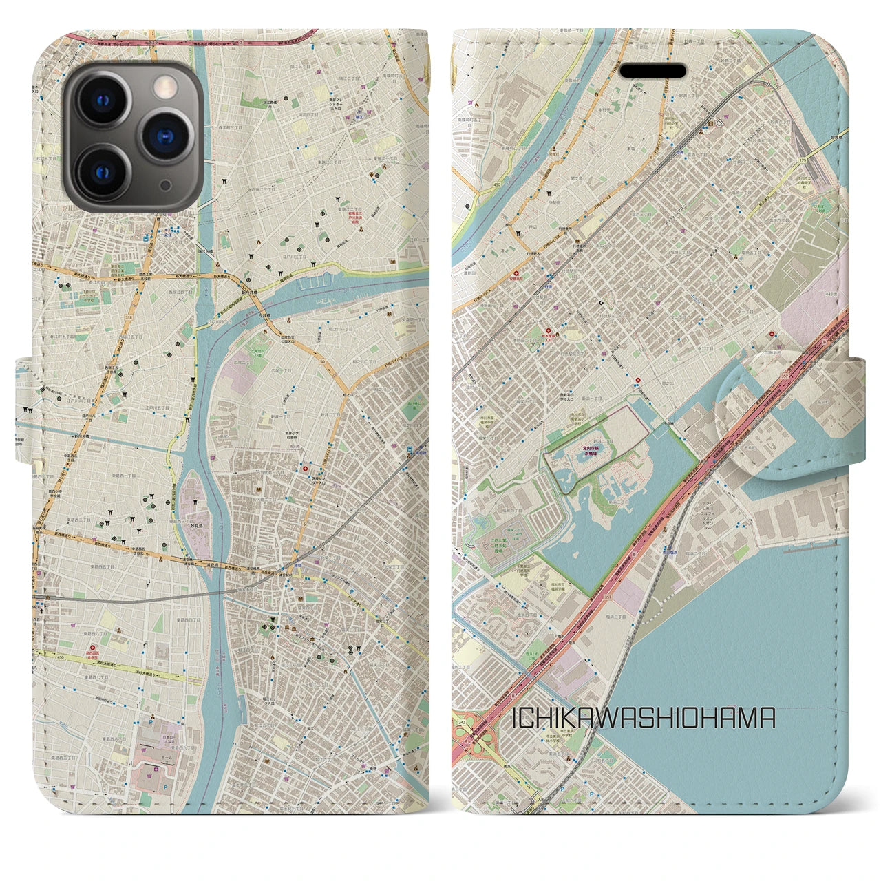 【市川塩浜】地図柄iPhoneケース（手帳両面タイプ・ナチュラル）iPhone 11 Pro Max 用