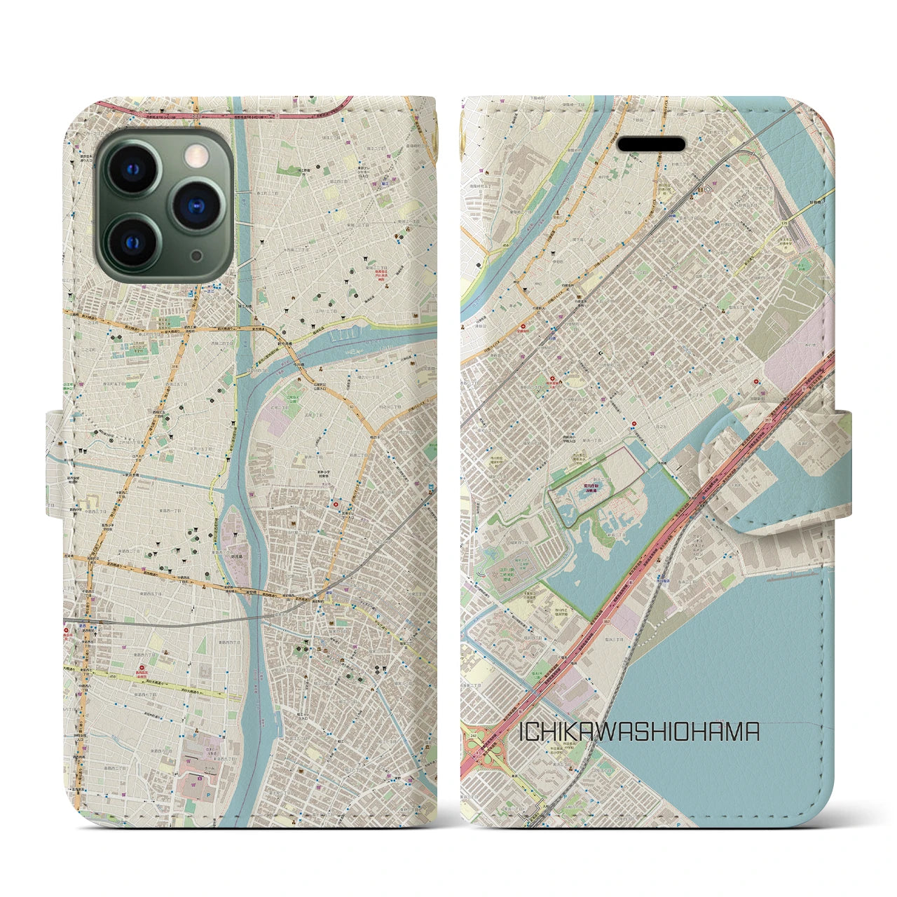 【市川塩浜】地図柄iPhoneケース（手帳両面タイプ・ナチュラル）iPhone 11 Pro 用
