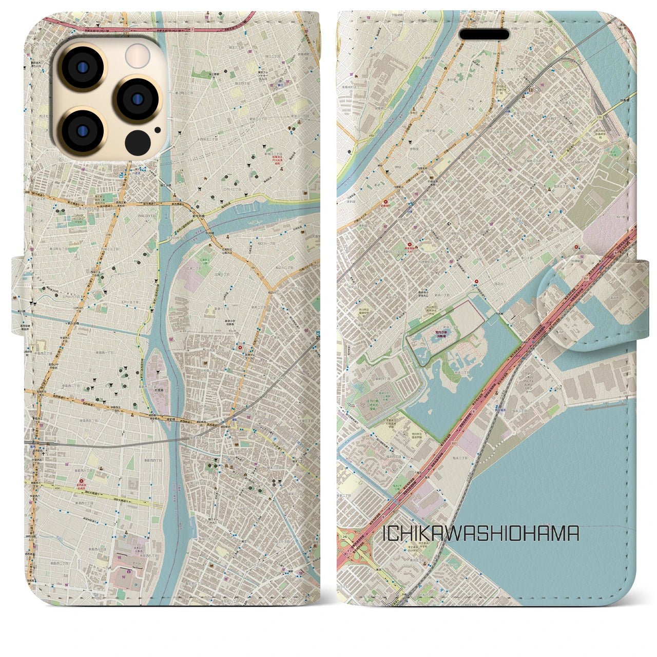 【市川塩浜】地図柄iPhoneケース（手帳両面タイプ・ナチュラル）iPhone 12 Pro Max 用