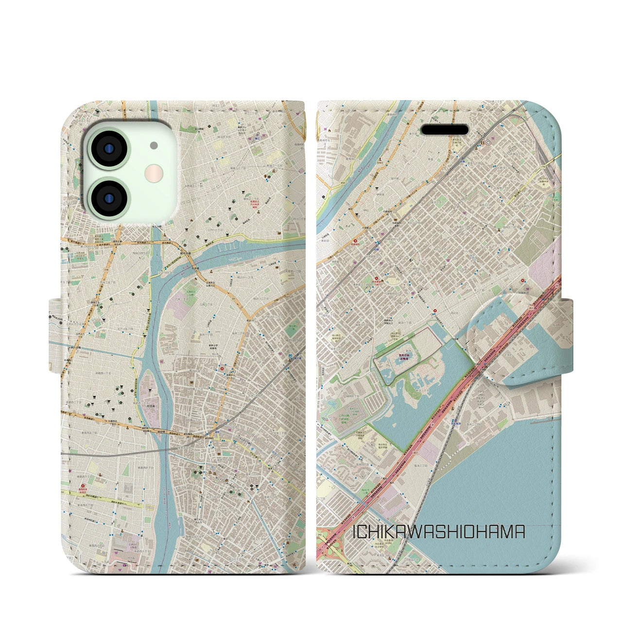 【市川塩浜】地図柄iPhoneケース（手帳両面タイプ・ナチュラル）iPhone 12 mini 用