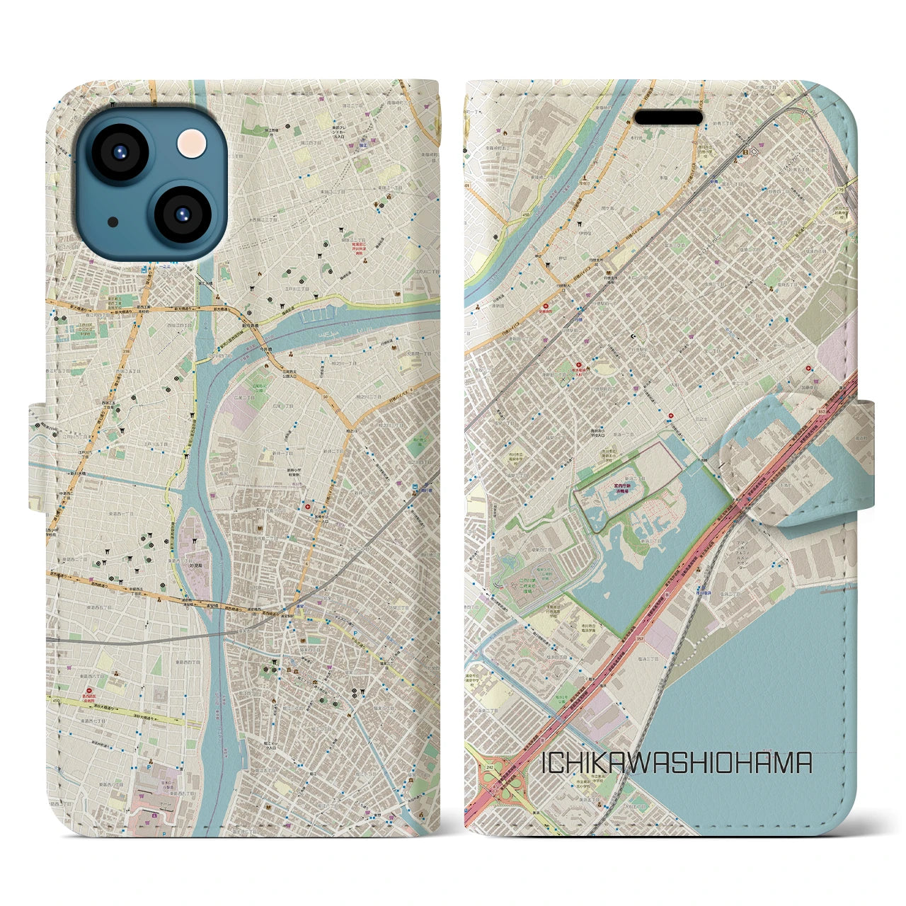 【市川塩浜】地図柄iPhoneケース（手帳両面タイプ・ナチュラル）iPhone 13 用