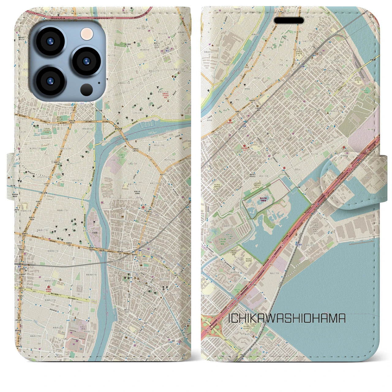 【市川塩浜】地図柄iPhoneケース（手帳両面タイプ・ナチュラル）iPhone 13 Pro Max 用