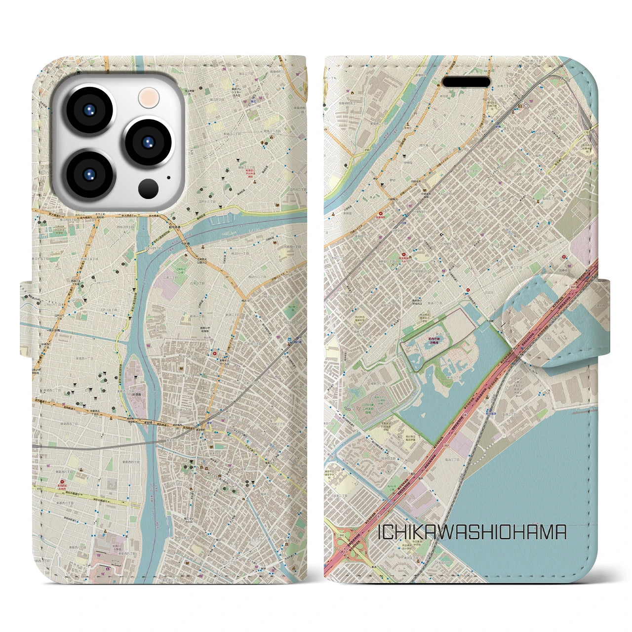 【市川塩浜】地図柄iPhoneケース（手帳両面タイプ・ナチュラル）iPhone 13 Pro 用