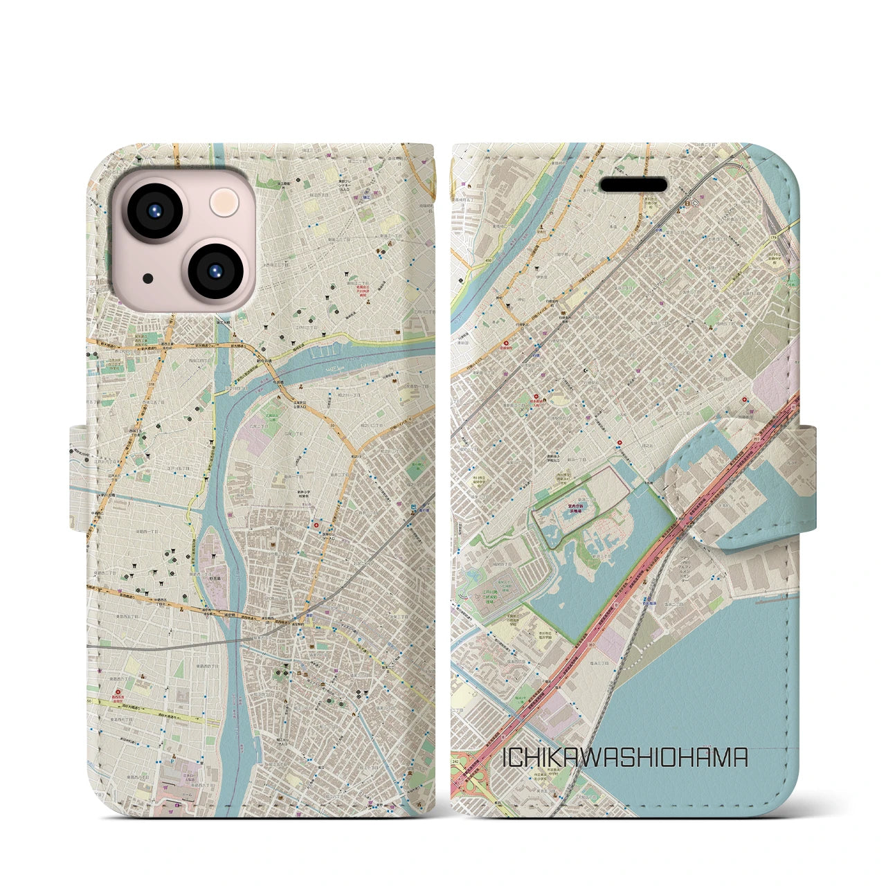 【市川塩浜】地図柄iPhoneケース（手帳両面タイプ・ナチュラル）iPhone 13 mini 用