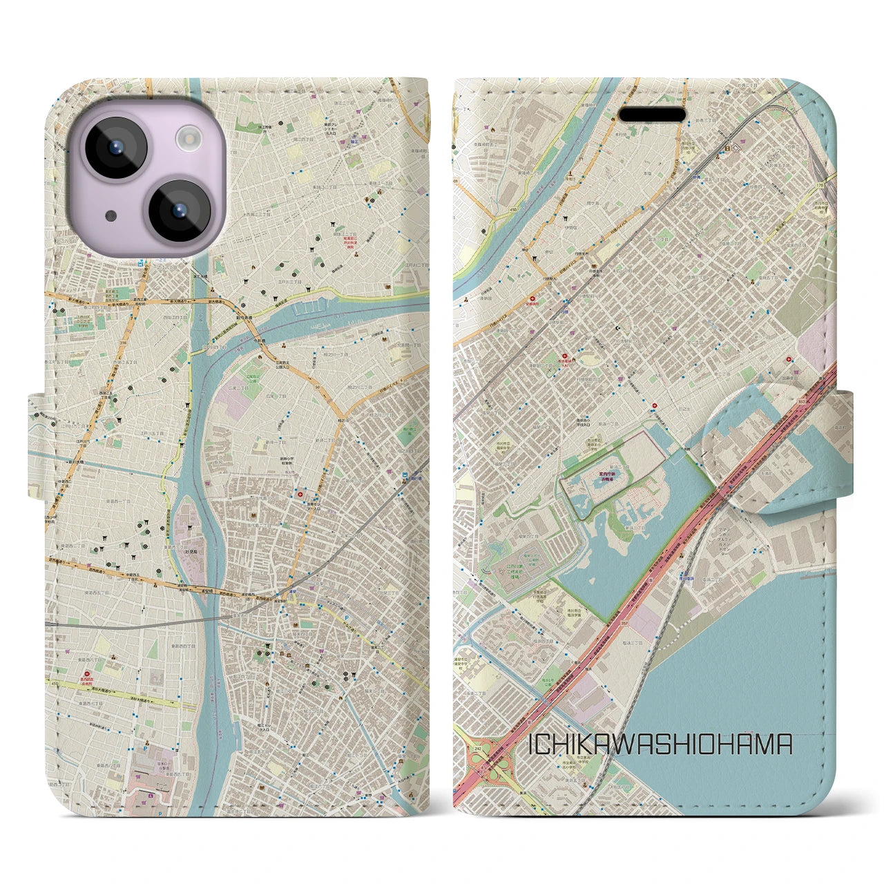 【市川塩浜】地図柄iPhoneケース（手帳両面タイプ・ナチュラル）iPhone 14 用
