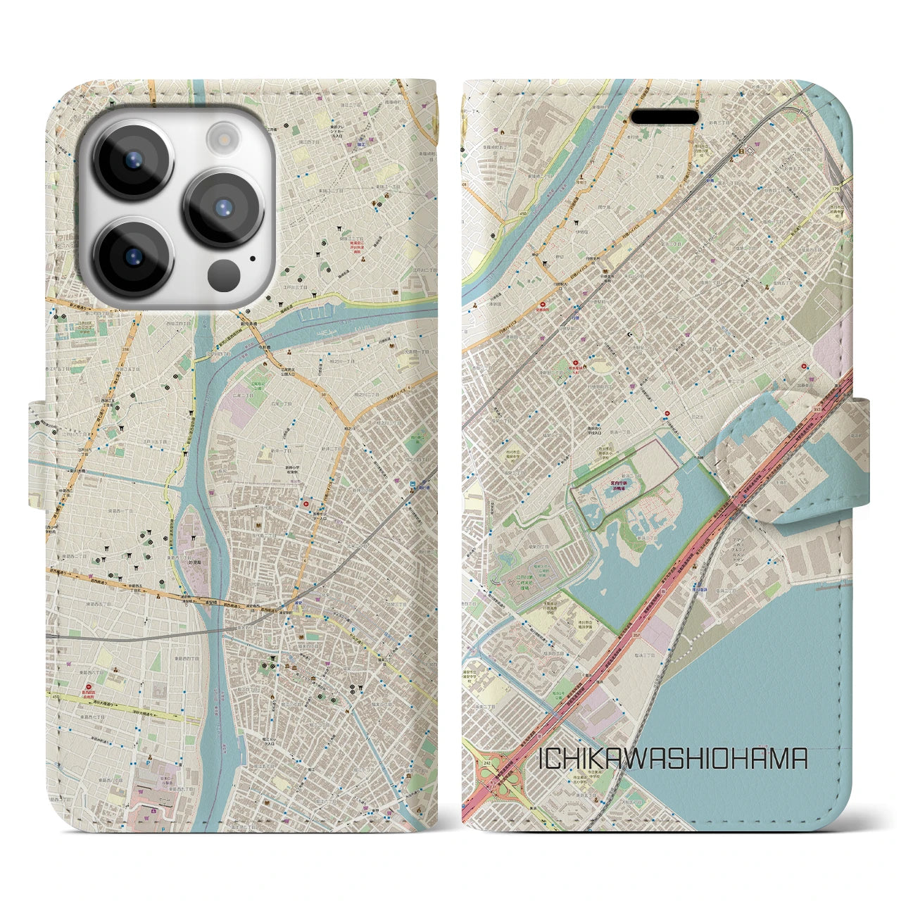【市川塩浜】地図柄iPhoneケース（手帳両面タイプ・ナチュラル）iPhone 14 Pro 用