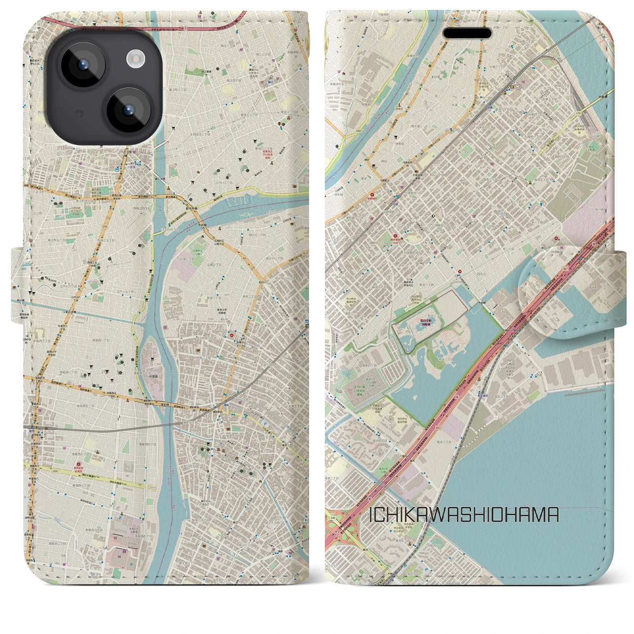 【市川塩浜】地図柄iPhoneケース（手帳両面タイプ・ナチュラル）iPhone 14 Plus 用