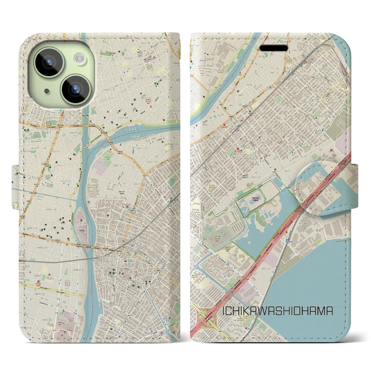 【市川塩浜】地図柄iPhoneケース（手帳両面タイプ・ナチュラル）iPhone 15 用