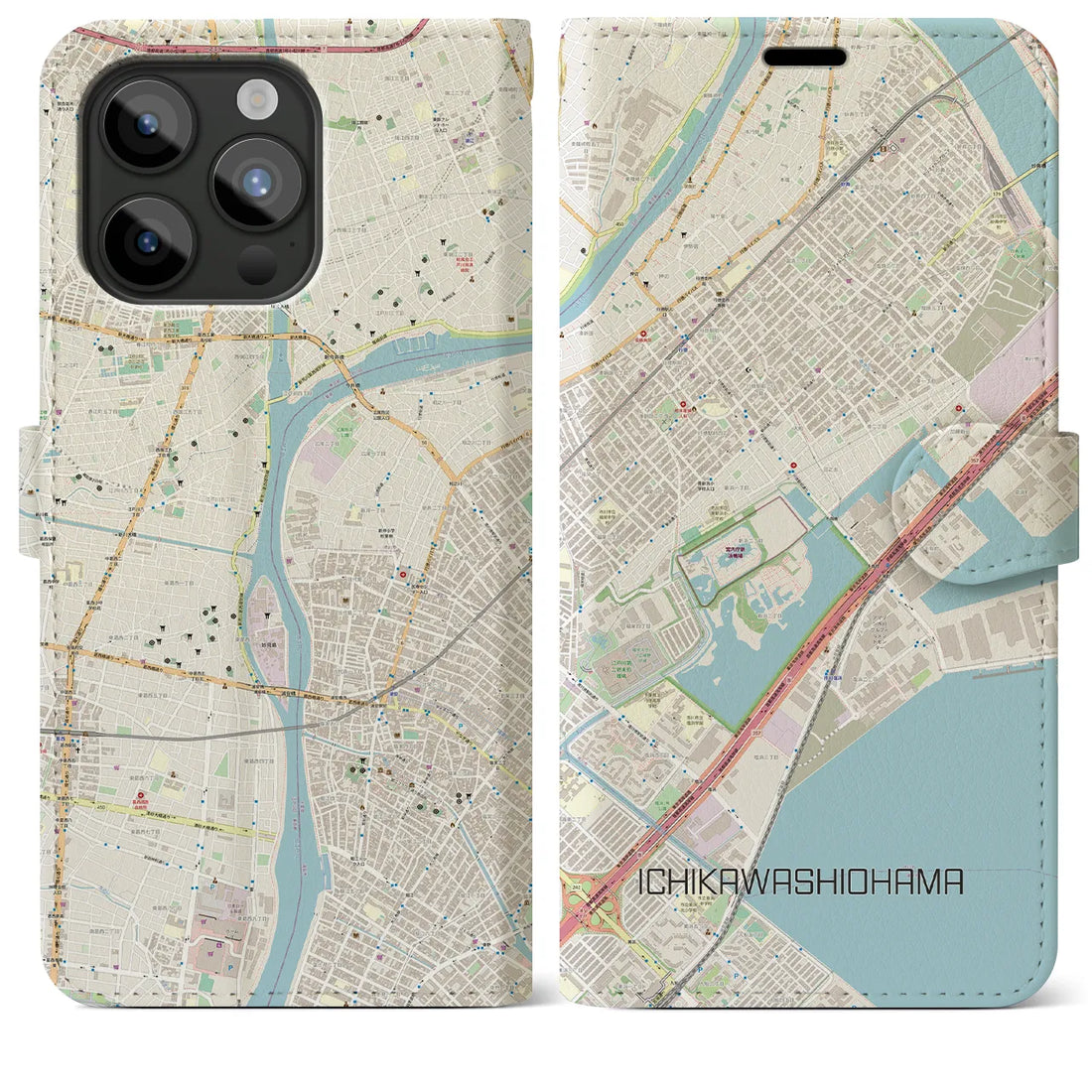 【市川塩浜】地図柄iPhoneケース（手帳両面タイプ・ナチュラル）iPhone 15 Pro Max 用