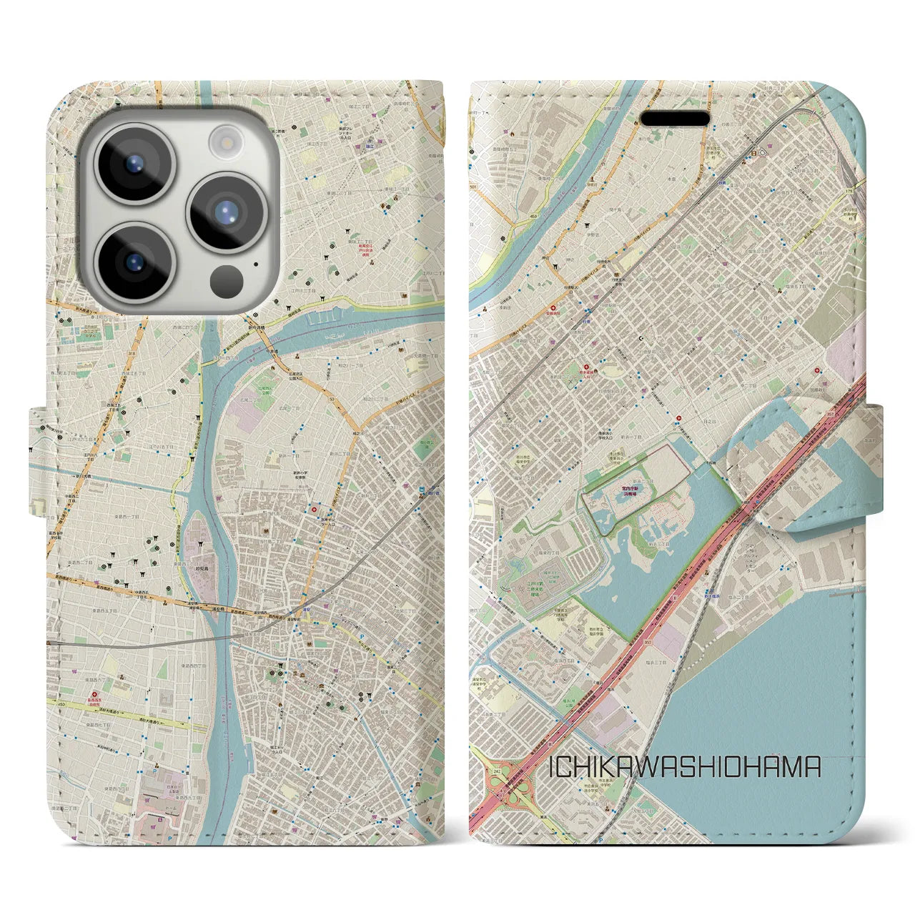 【市川塩浜】地図柄iPhoneケース（手帳両面タイプ・ナチュラル）iPhone 15 Pro 用