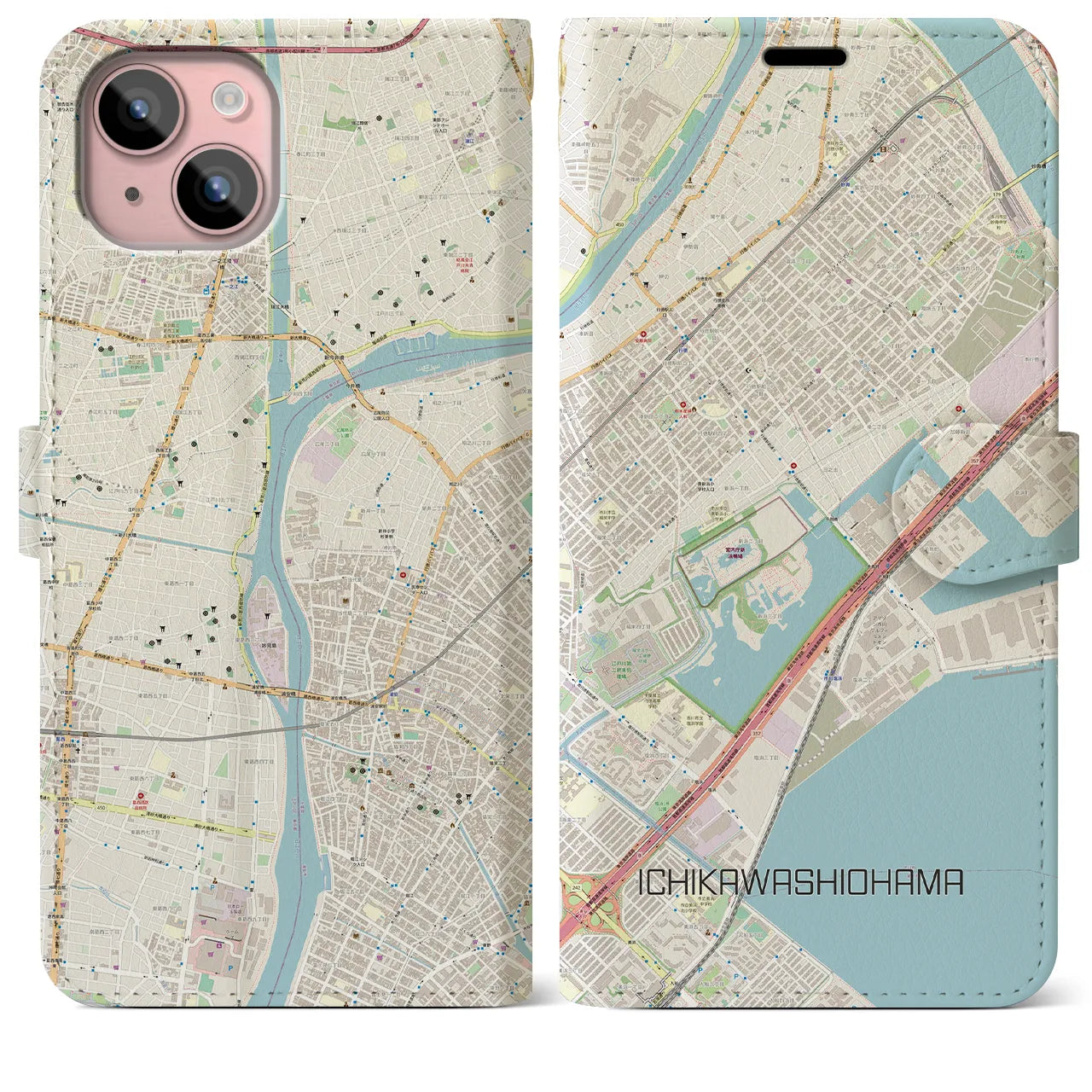 【市川塩浜】地図柄iPhoneケース（手帳両面タイプ・ナチュラル）iPhone 15 Plus 用