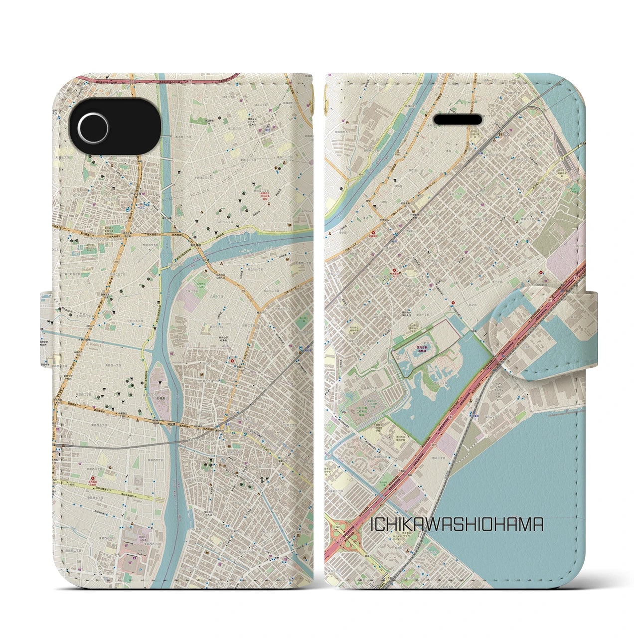 【市川塩浜】地図柄iPhoneケース（手帳両面タイプ・ナチュラル）iPhone SE（第3 / 第2世代） / 8 / 7 / 6s / 6 用