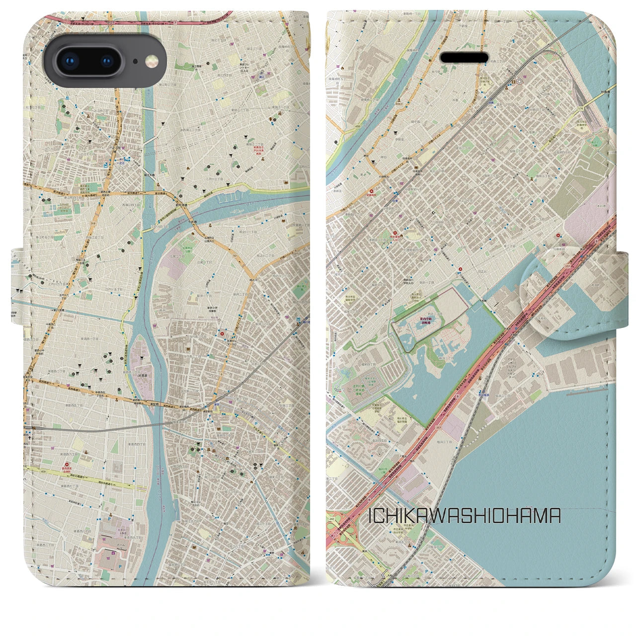 【市川塩浜】地図柄iPhoneケース（手帳両面タイプ・ナチュラル）iPhone 8Plus /7Plus / 6sPlus / 6Plus 用