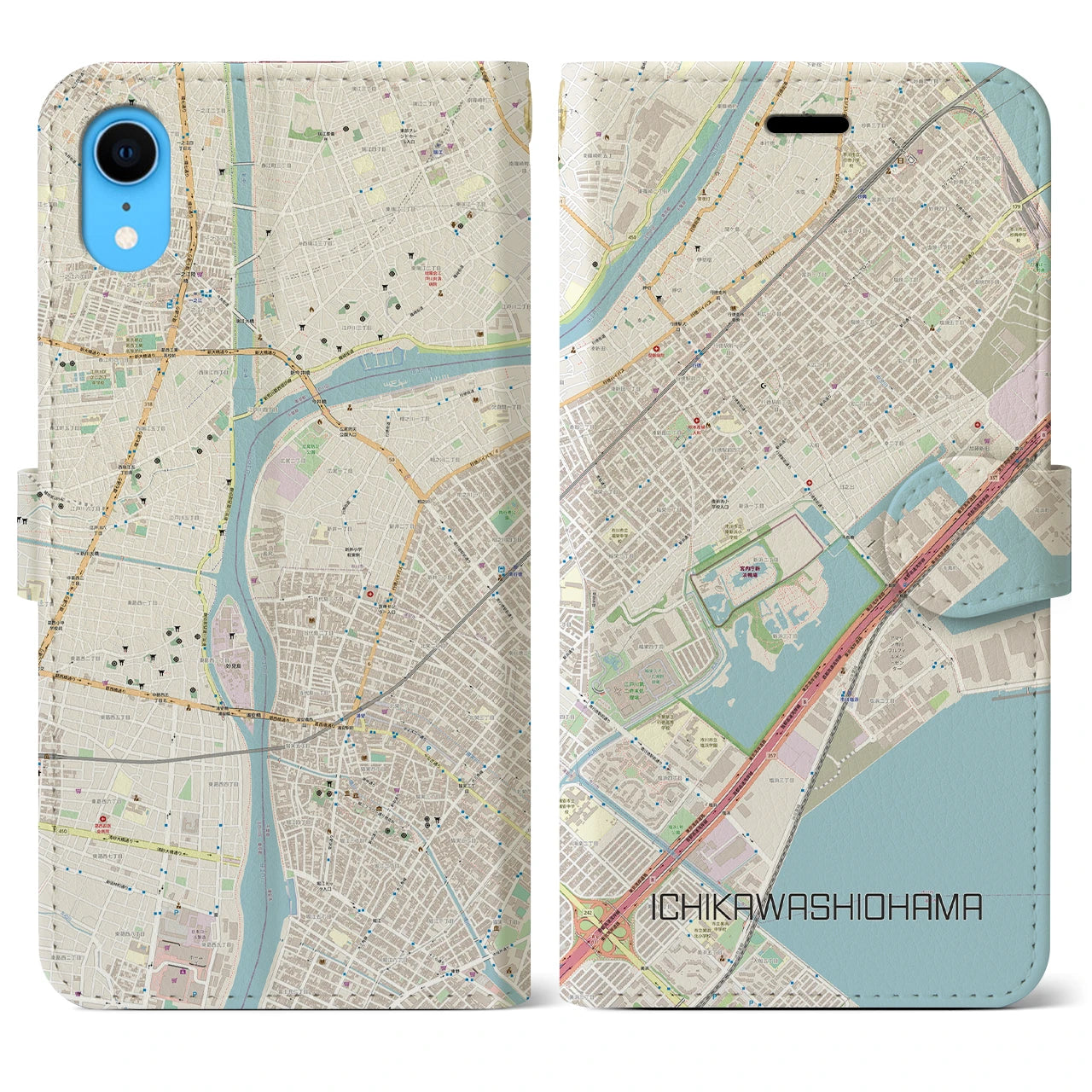 【市川塩浜】地図柄iPhoneケース（手帳両面タイプ・ナチュラル）iPhone XR 用