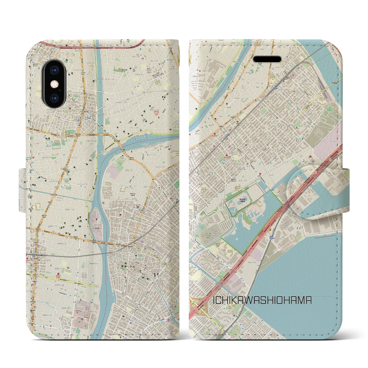 【市川塩浜】地図柄iPhoneケース（手帳両面タイプ・ナチュラル）iPhone XS / X 用