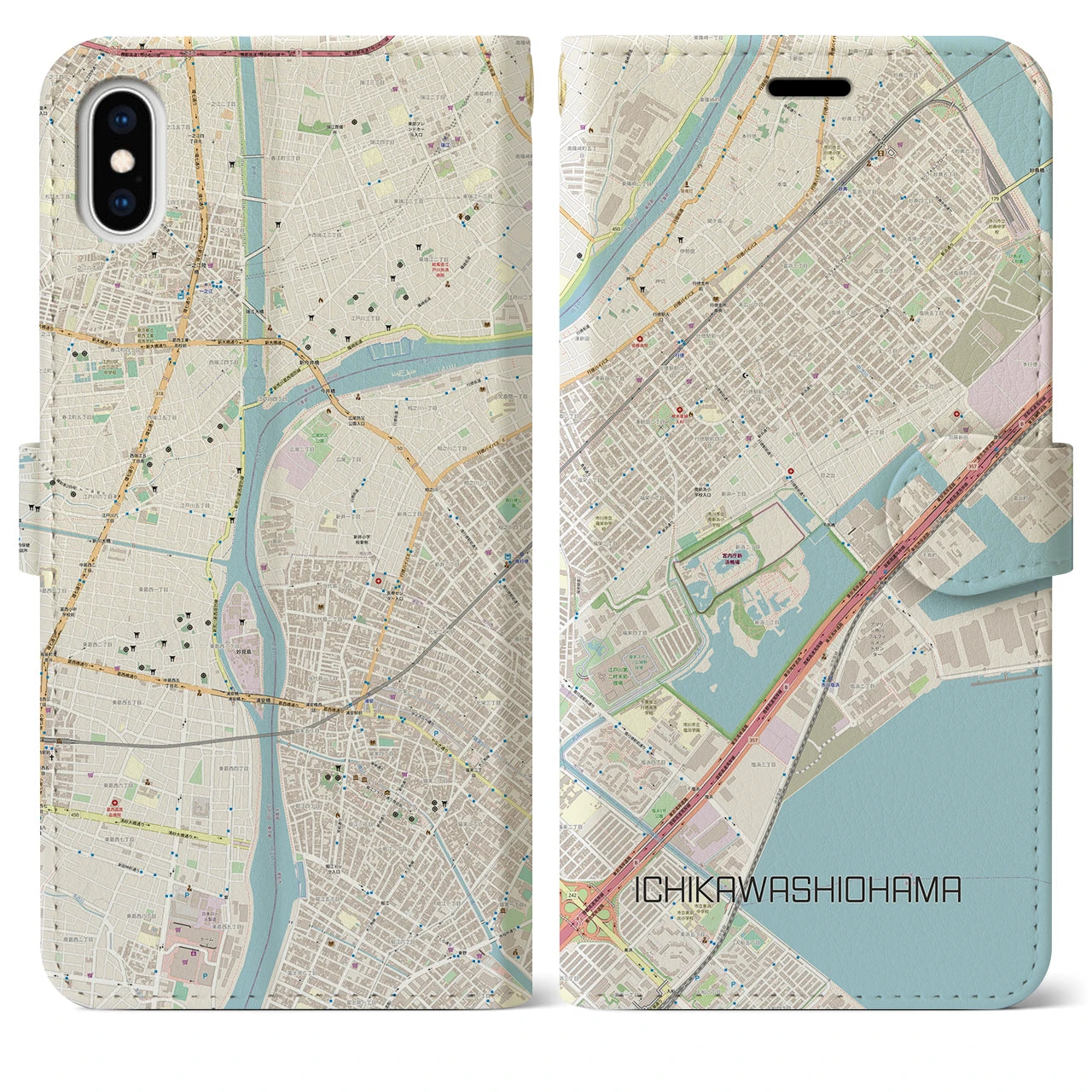 【市川塩浜】地図柄iPhoneケース（手帳両面タイプ・ナチュラル）iPhone XS Max 用