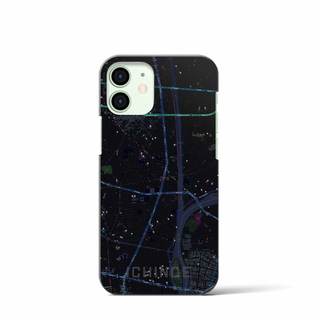 【一之江】地図柄iPhoneケース（バックカバータイプ・ブラック）iPhone 12 mini 用