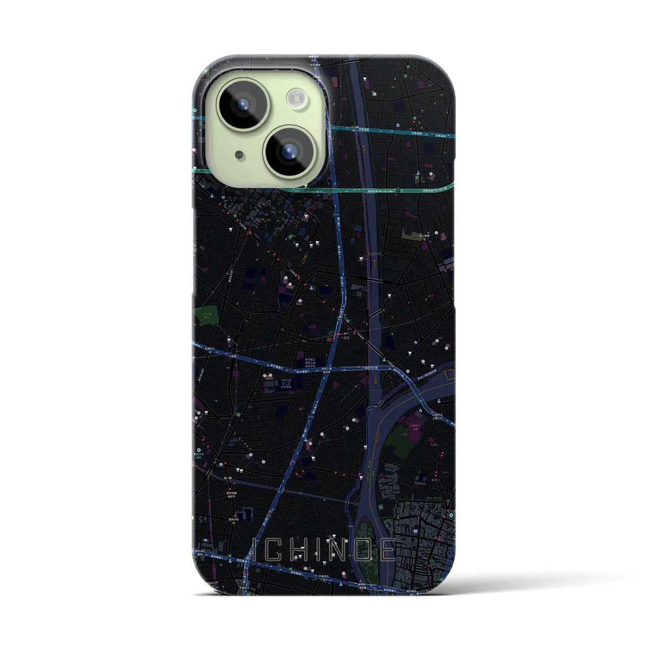 【一之江】地図柄iPhoneケース（バックカバータイプ・ブラック）iPhone 15 用