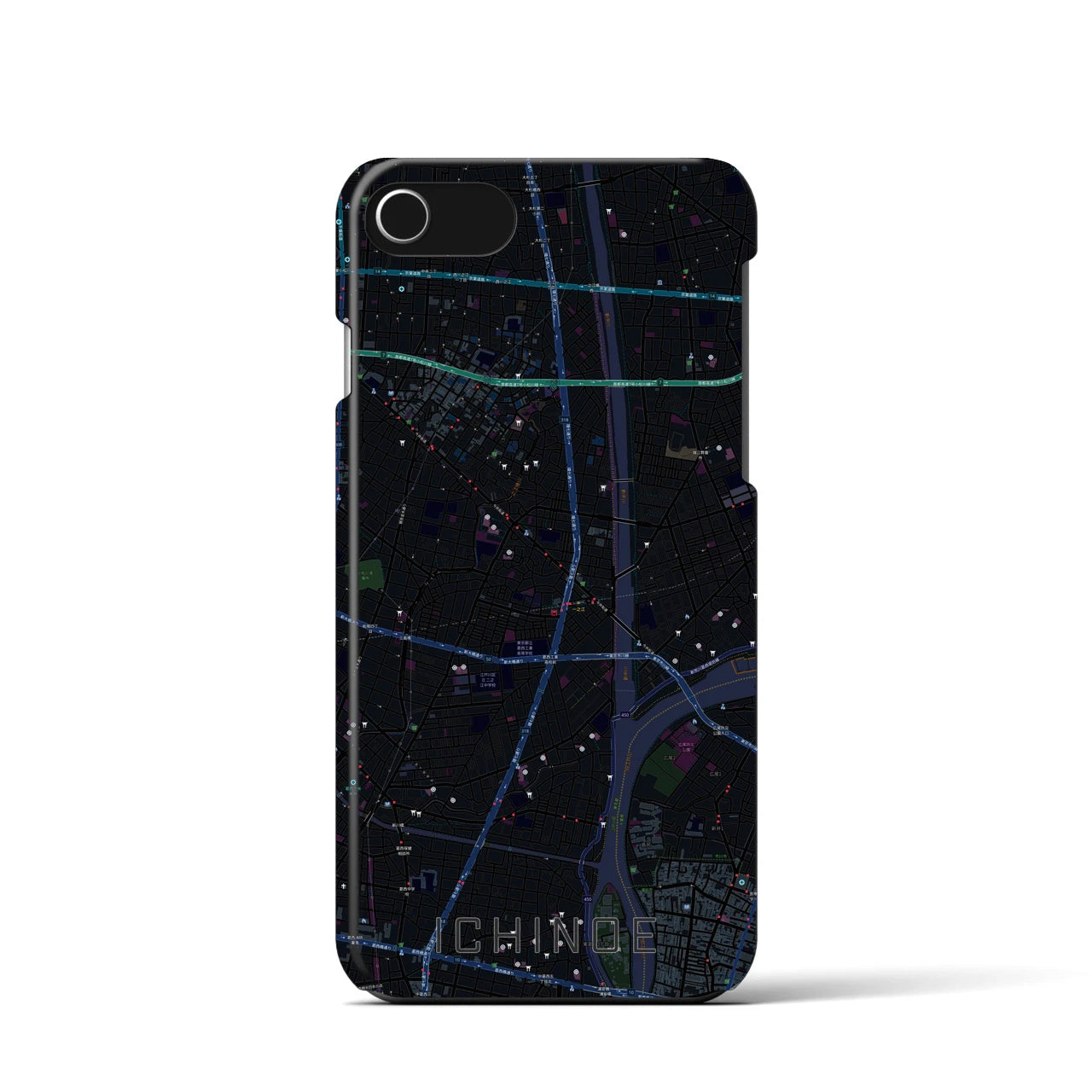 【一之江】地図柄iPhoneケース（バックカバータイプ・ブラック）iPhone SE（第3 / 第2世代） / 8 / 7 / 6s / 6 用