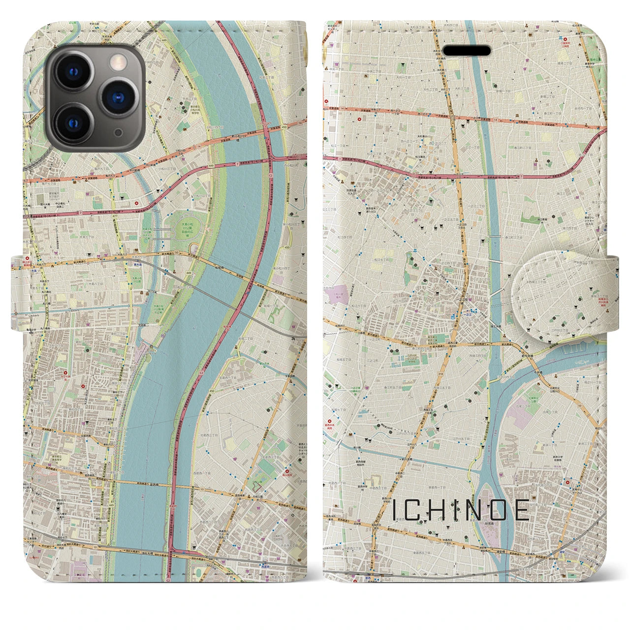 【一之江】地図柄iPhoneケース（手帳両面タイプ・ナチュラル）iPhone 11 Pro Max 用