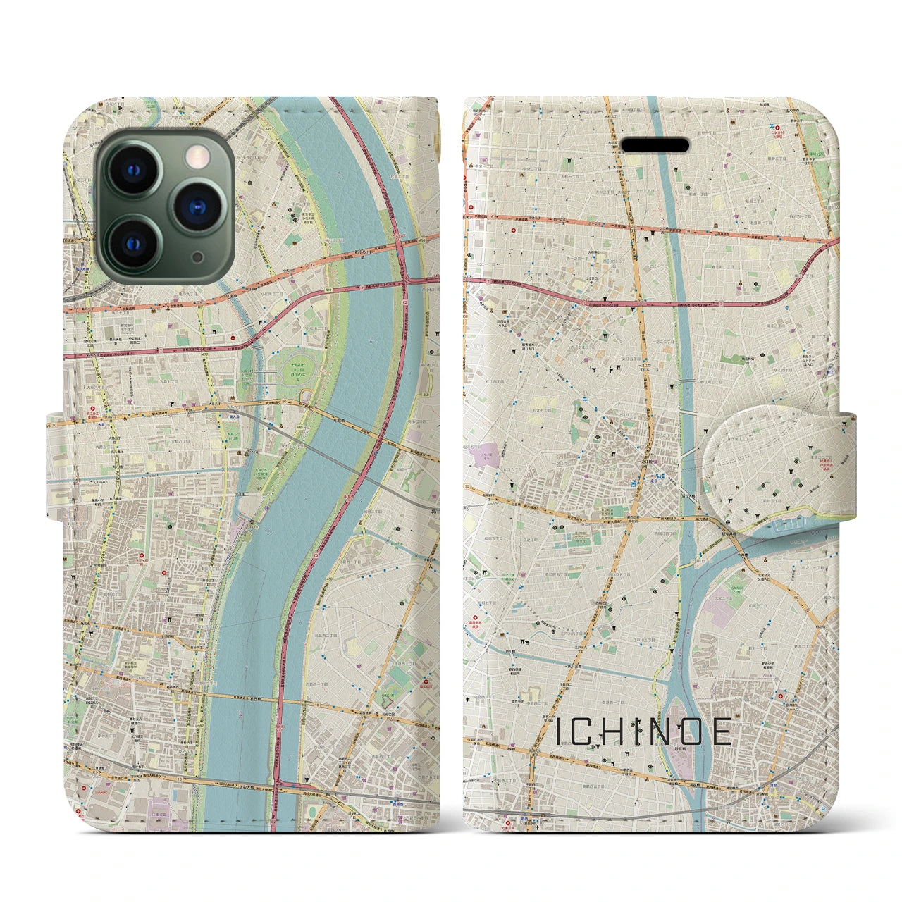 【一之江】地図柄iPhoneケース（手帳両面タイプ・ナチュラル）iPhone 11 Pro 用