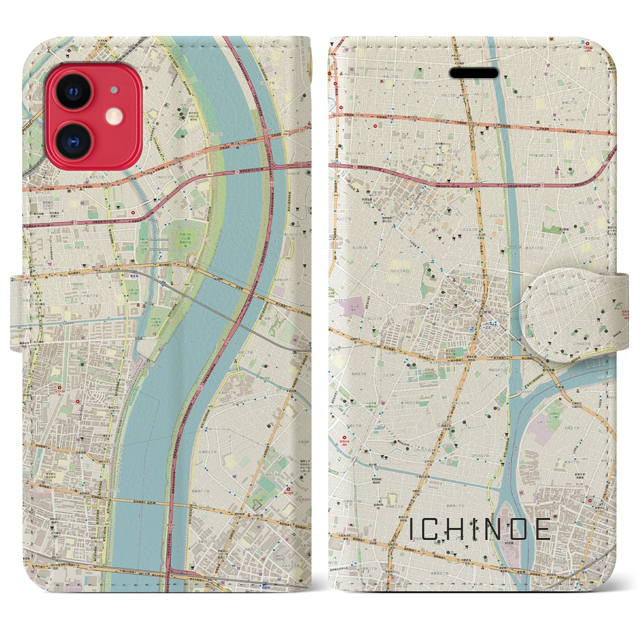 【一之江】地図柄iPhoneケース（手帳両面タイプ・ナチュラル）iPhone 11 用