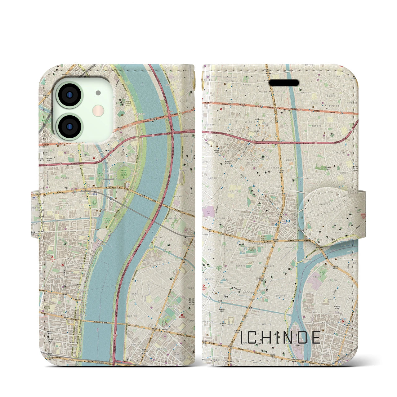 【一之江】地図柄iPhoneケース（手帳両面タイプ・ナチュラル）iPhone 12 mini 用