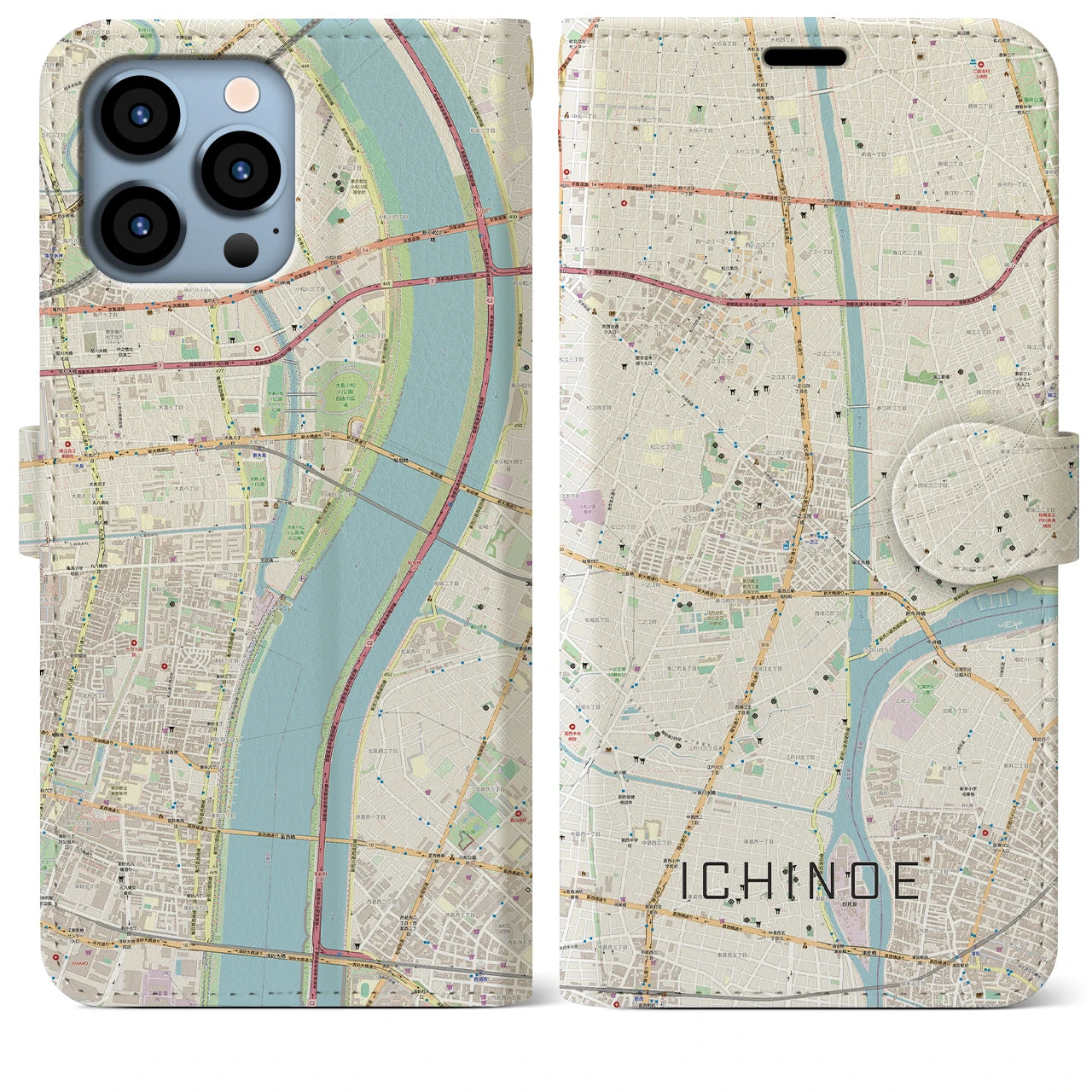 【一之江】地図柄iPhoneケース（手帳両面タイプ・ナチュラル）iPhone 13 Pro Max 用