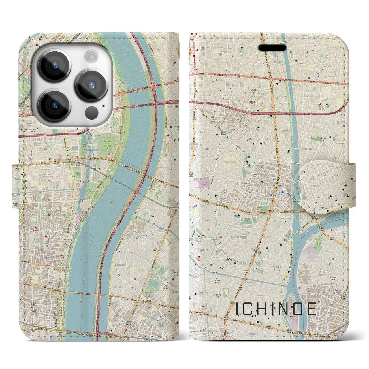 【一之江】地図柄iPhoneケース（手帳両面タイプ・ナチュラル）iPhone 14 Pro 用