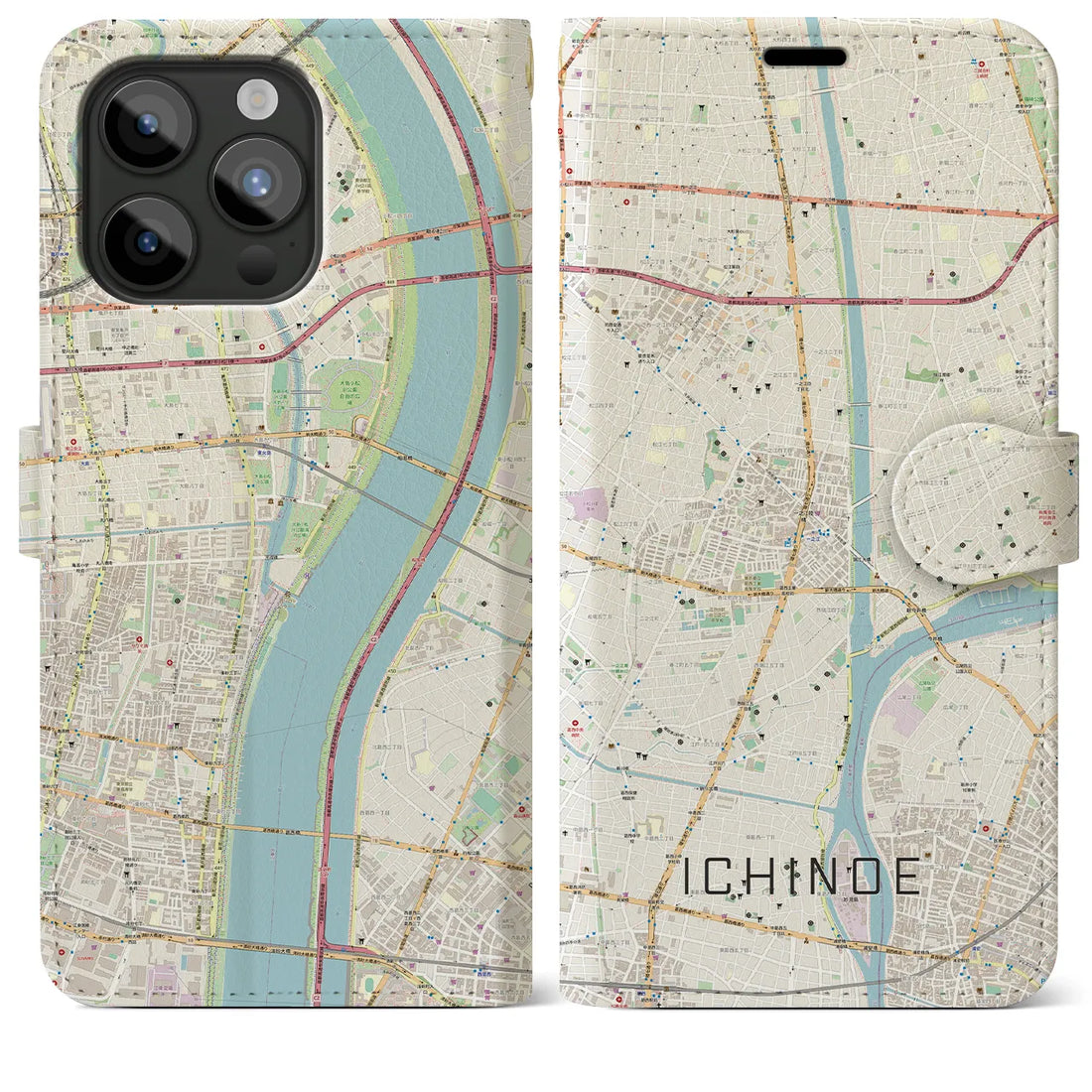 【一之江】地図柄iPhoneケース（手帳両面タイプ・ナチュラル）iPhone 15 Pro Max 用