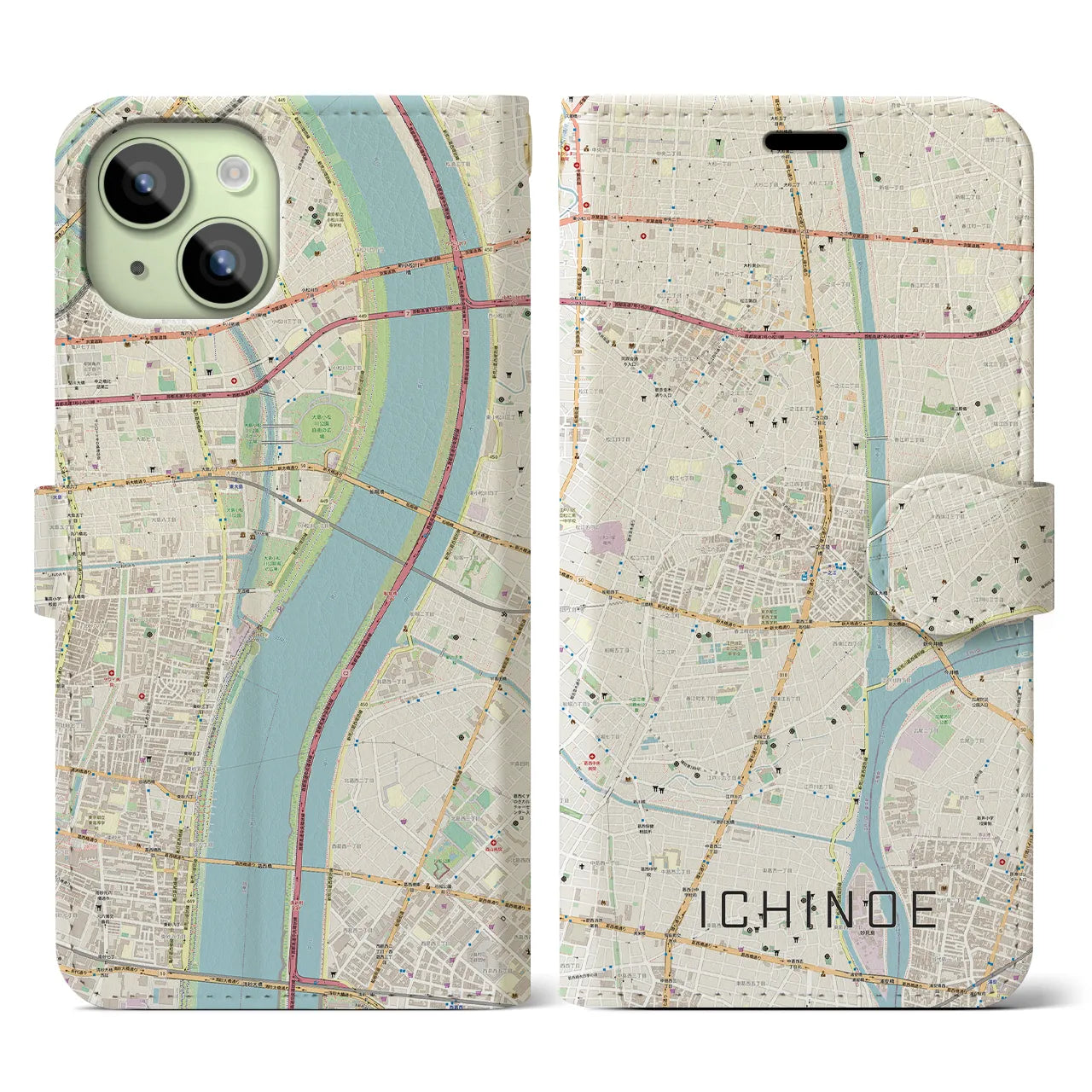 【一之江】地図柄iPhoneケース（手帳両面タイプ・ナチュラル）iPhone 15 用