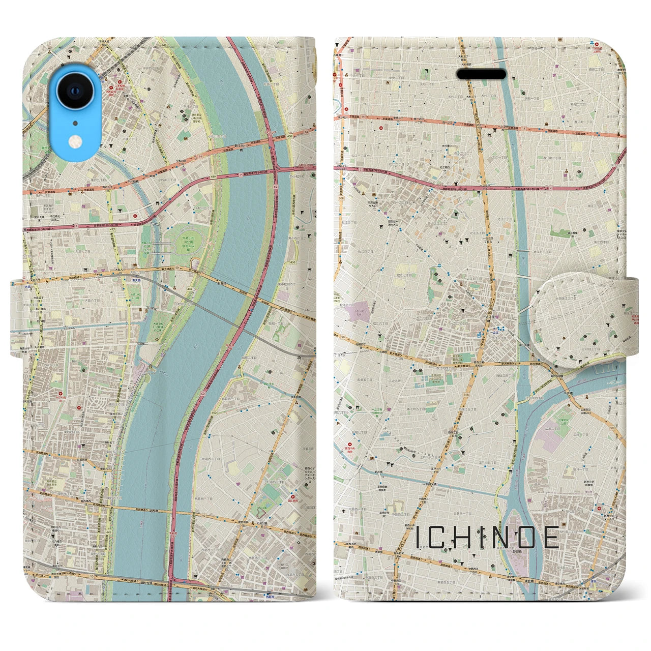 【一之江】地図柄iPhoneケース（手帳両面タイプ・ナチュラル）iPhone XR 用