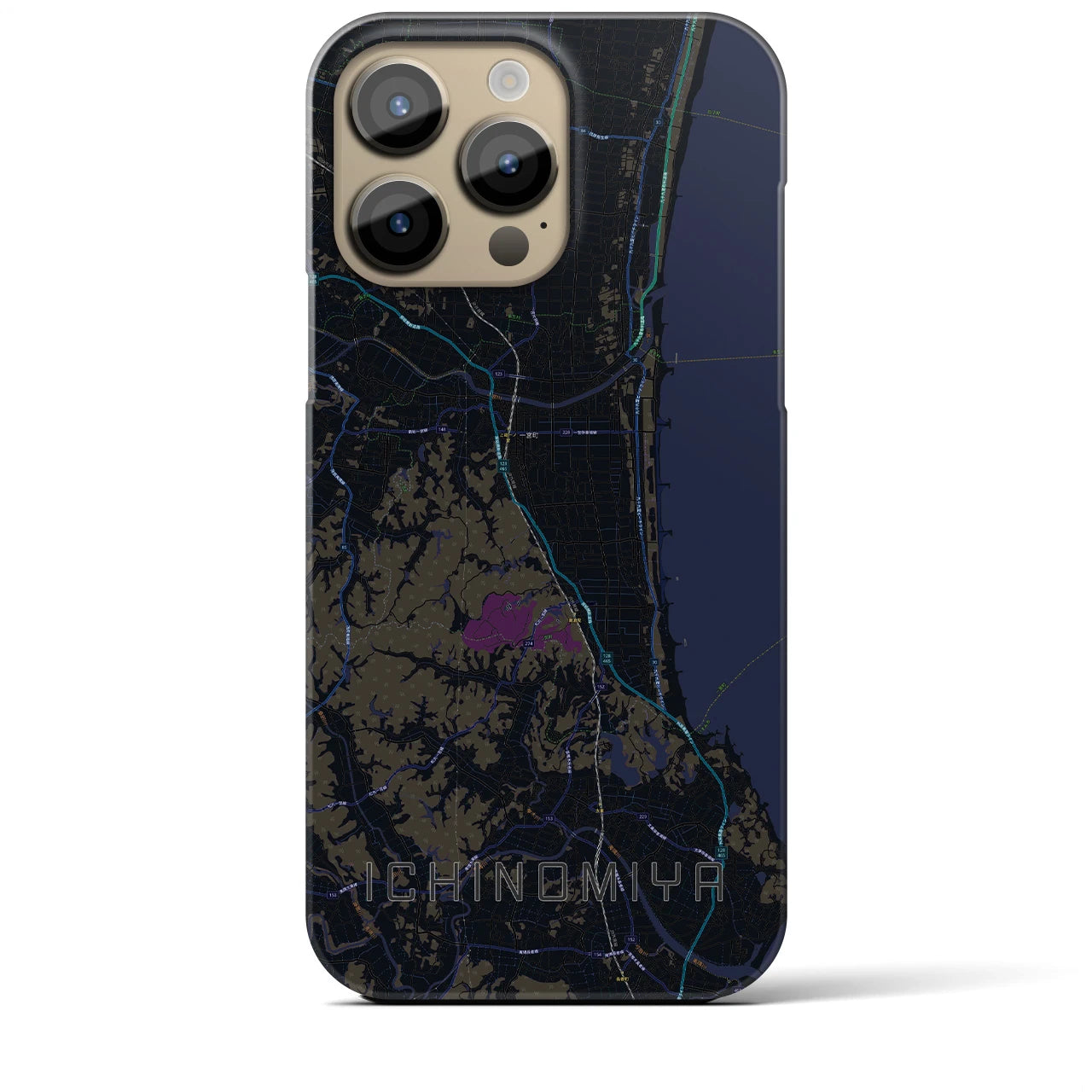 【一宮（千葉県）】地図柄iPhoneケース（バックカバータイプ・ブラック）iPhone 14 Pro Max 用