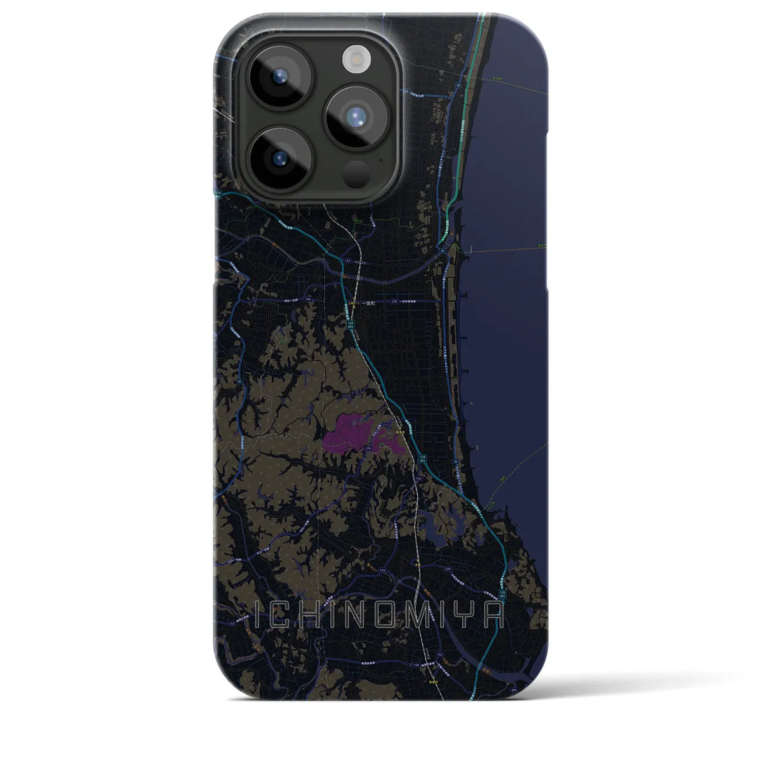 【一宮（千葉県）】地図柄iPhoneケース（バックカバータイプ・ブラック）iPhone 15 Pro Max 用
