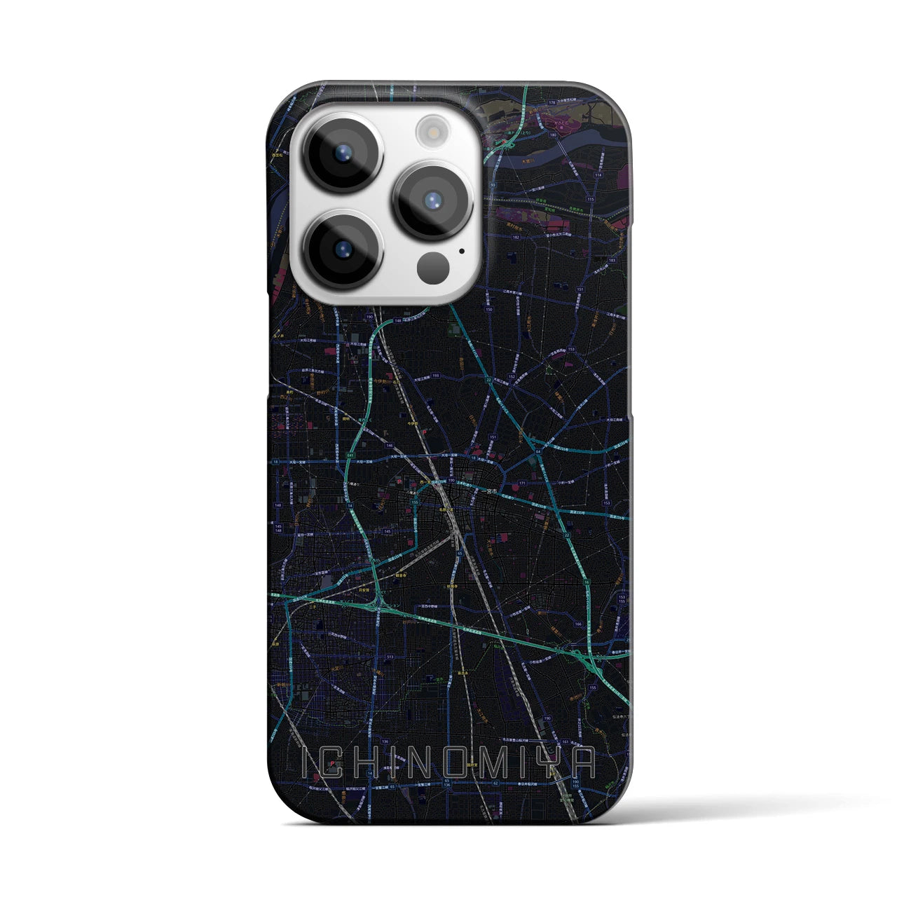 【一宮】地図柄iPhoneケース（バックカバータイプ・ブラック）iPhone 14 Pro 用