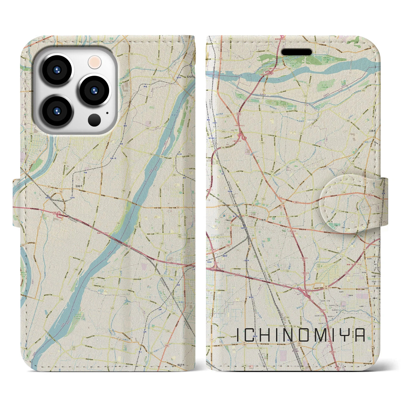【一宮】地図柄iPhoneケース（手帳両面タイプ・ナチュラル）iPhone 13 Pro 用