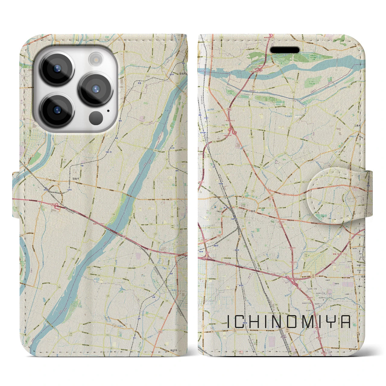 【一宮】地図柄iPhoneケース（手帳両面タイプ・ナチュラル）iPhone 14 Pro 用