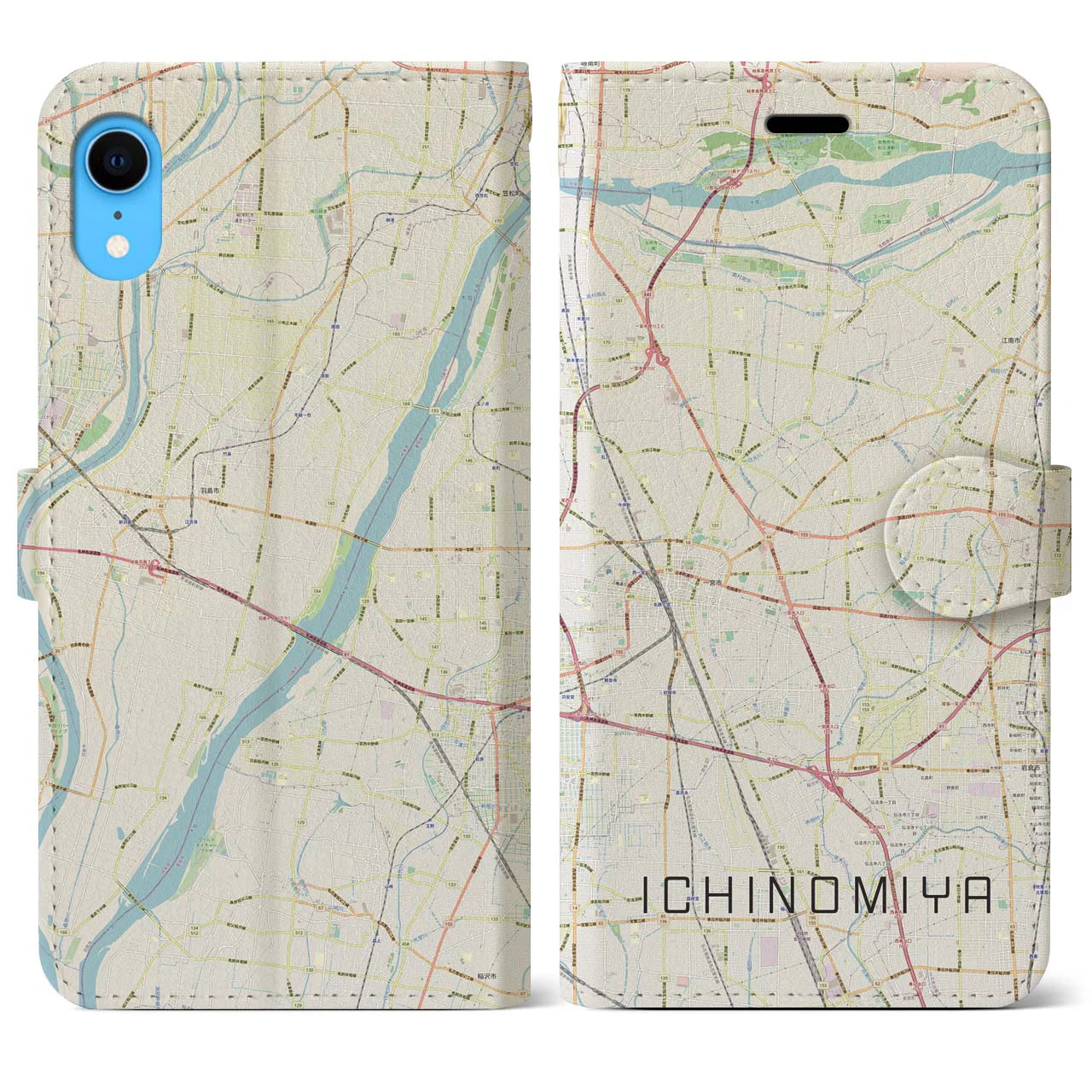 【一宮】地図柄iPhoneケース（手帳両面タイプ・ナチュラル）iPhone XR 用
