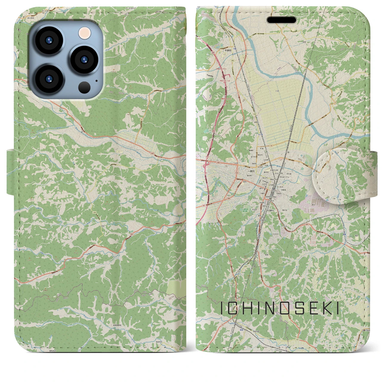 【一関】地図柄iPhoneケース（手帳両面タイプ・ナチュラル）iPhone 13 Pro Max 用