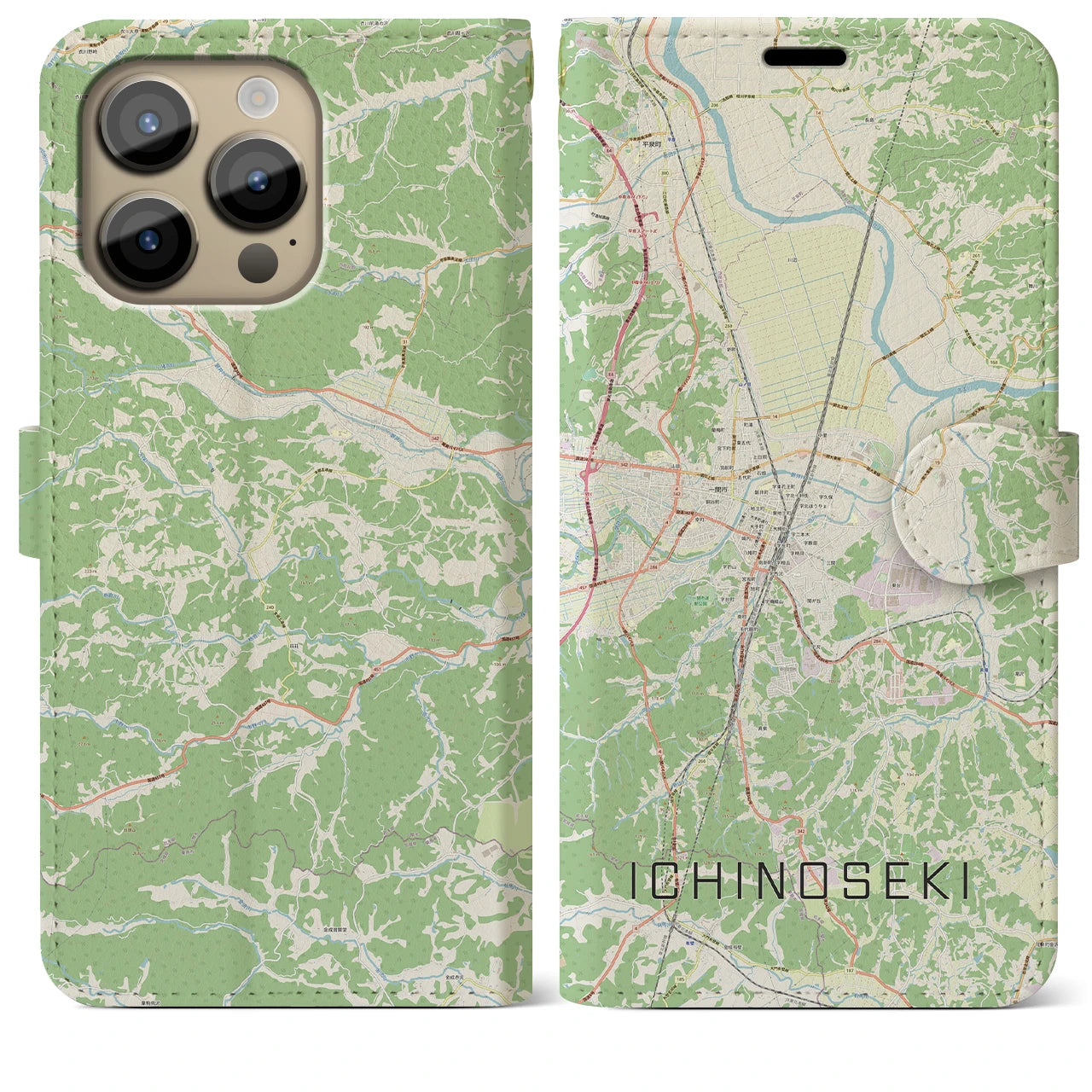 【一関】地図柄iPhoneケース（手帳両面タイプ・ナチュラル）iPhone 14 Pro Max 用