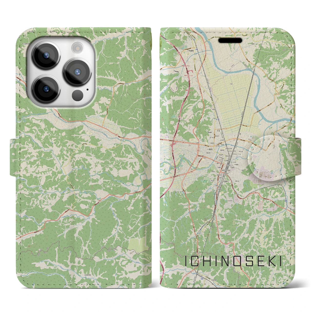 【一関】地図柄iPhoneケース（手帳両面タイプ・ナチュラル）iPhone 14 Pro 用