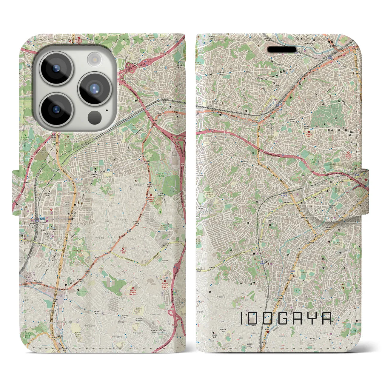 【井土ヶ谷】地図柄iPhoneケース（手帳両面タイプ・ナチュラル）iPhone 15 Pro 用