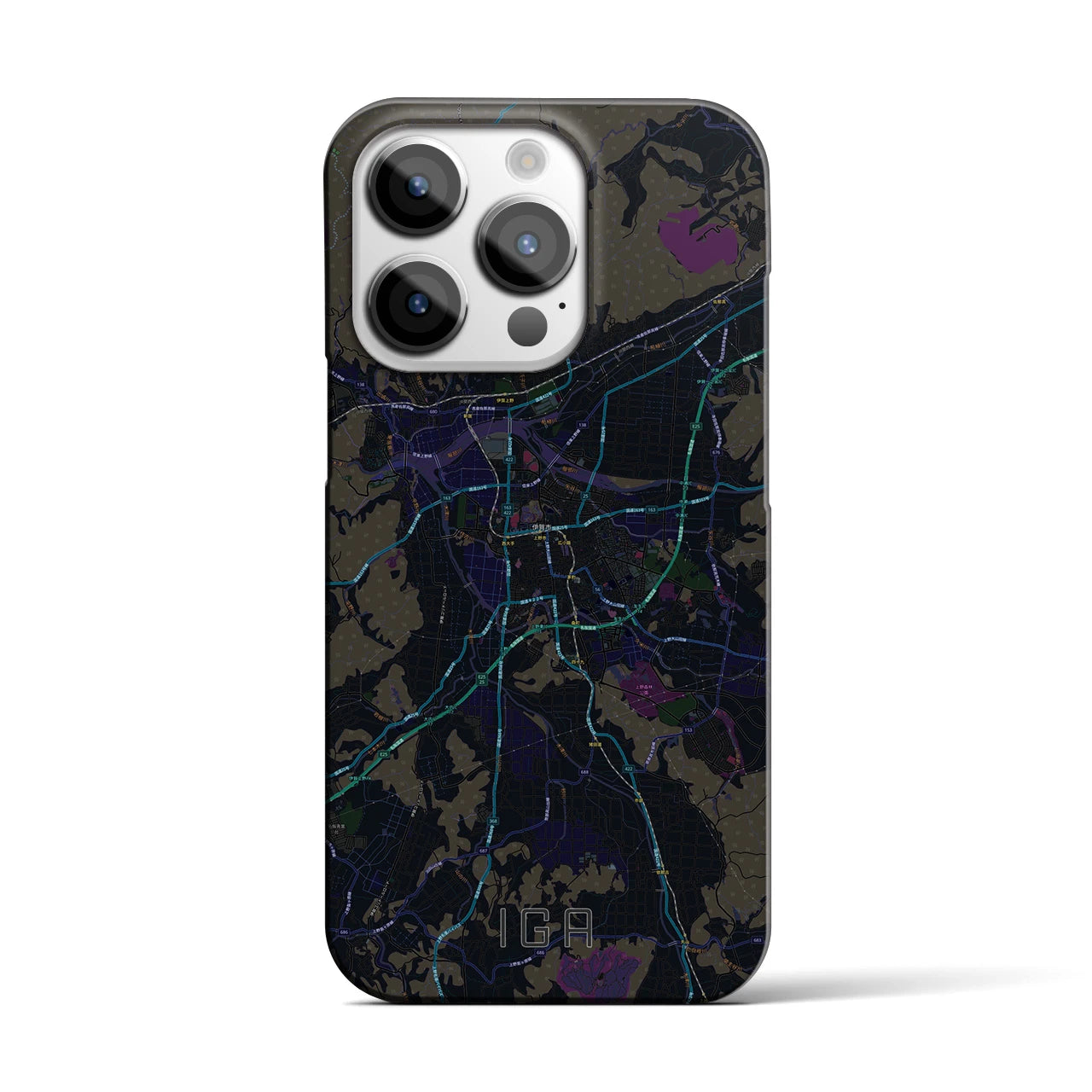 【伊賀】地図柄iPhoneケース（バックカバータイプ・ブラック）iPhone 14 Pro 用